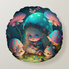 Niedliche Elfen spielen unter Pilzkissen Rundes Kissen