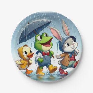 Niedliche Ente, Frosch, im Regen sonnig Pappteller