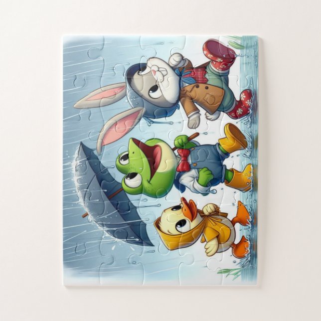 Niedliche Ente, Frosch, im Regen sonnig Puzzle (Vertikal)