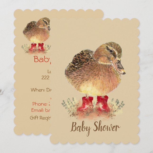 Niedliche Ente in Red Boots Baby Dusche Einladung (Vorne/Hinten)