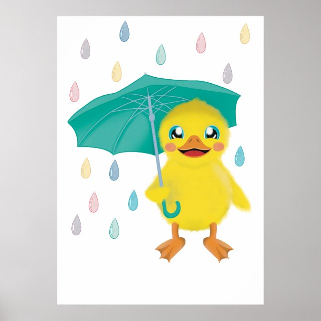 Niedliche Ente mit Regenschirm in Regenbogenregen Poster (Vorne)