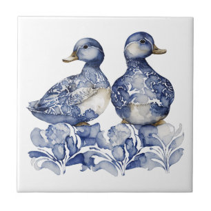 Niedliche Enten im Delft-Stil, blau und weiß, mit Fliese