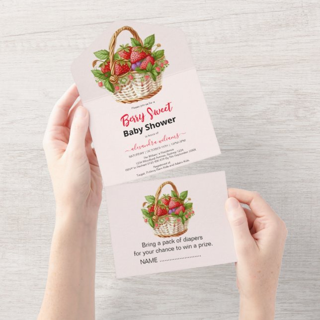 Niedliche Erdbeerbrasse Babydusche All In One Einladung (Abreißen)