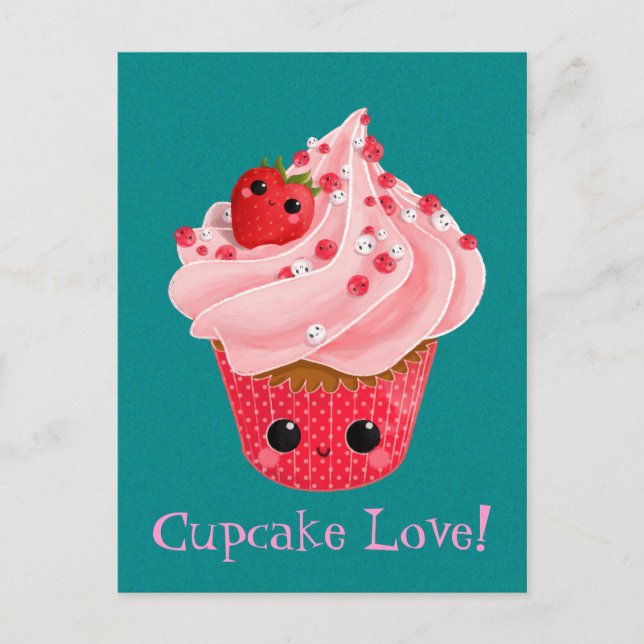 Niedliche Erdbeere Cupcake Postkarte (Vorderseite)
