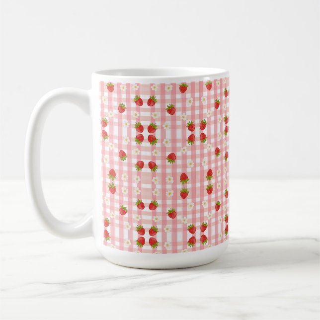 Niedliche Erdbeere und Blume auf einem rosa Gingha Kaffeetasse (Links)