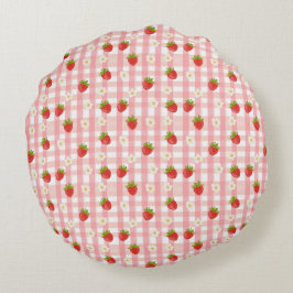 Niedliche Erdbeere und Blume auf einem rosa Gingha Rundes Kissen