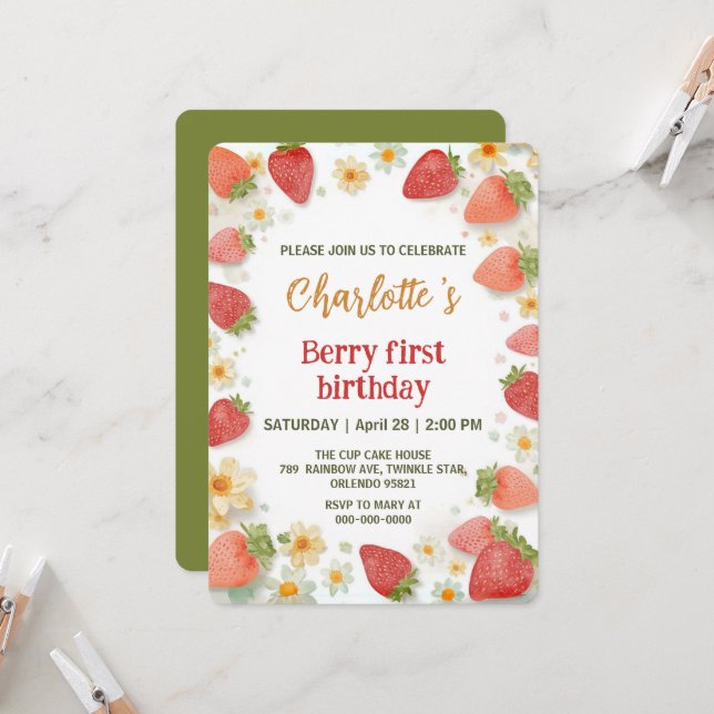 Niedliche Erdbeeren Regenbogenmuster 1. Einladung (Vorderseite/Rückseite Beispiel)