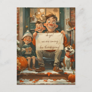 Niedliche Erntedank-Familie mit Hund Postkarte