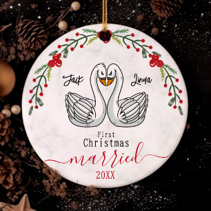 Niedliche erste Weihnachtszeit verheiratete Weißvö Keramik Ornament
