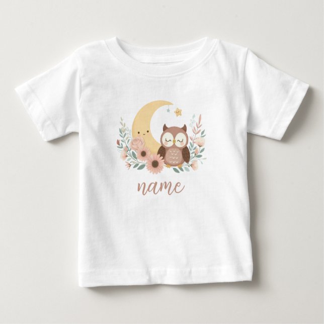 Niedliche Eule mit Mond Baby T-shirt (Vorderseite)