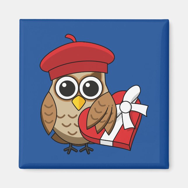 Niedliche Eule mit Red Beret and Heart Box Magnet (Vorne)