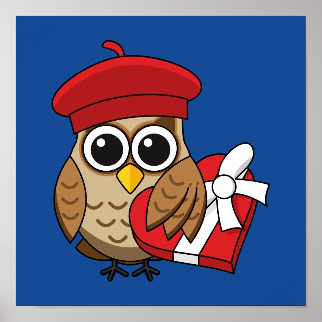 Niedliche Eule mit Red Beret and Heart Box Poster (Vorne)