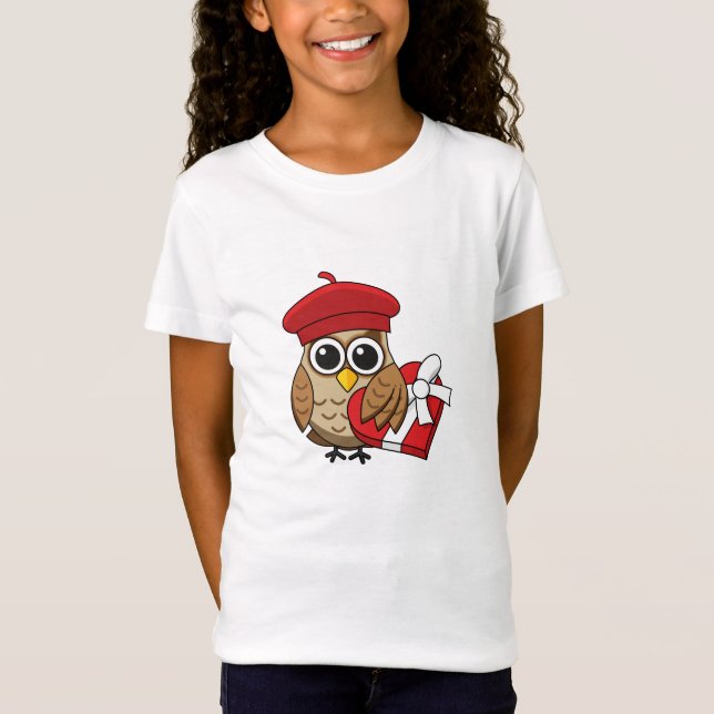 Niedliche Eule mit Red Beret and Heart Box T-Shirt (Vorderseite)