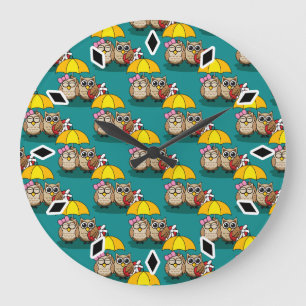 Niedliche Eule mit Schirm und Schokolade Große Wanduhr
