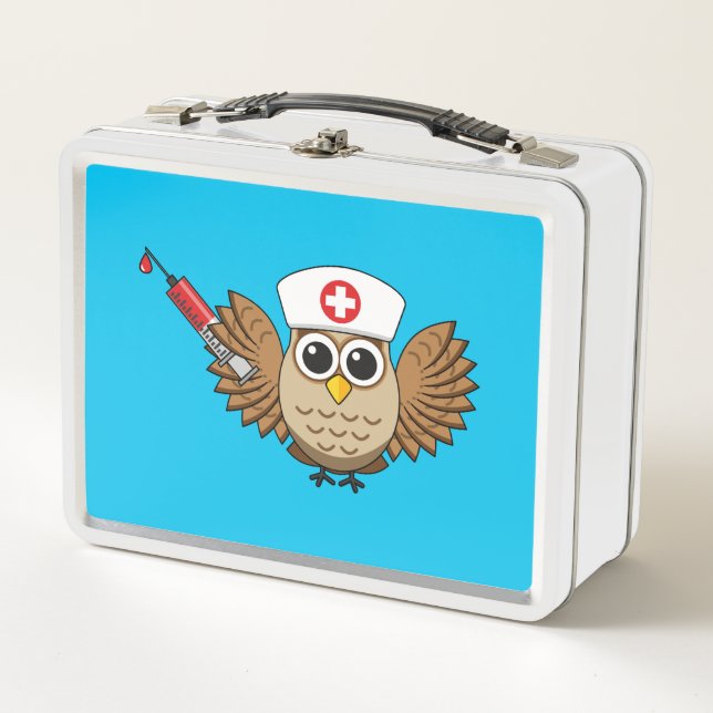 Niedliche Eule mit Spritze Cartoon Metall Brotdose (Vorderseite)