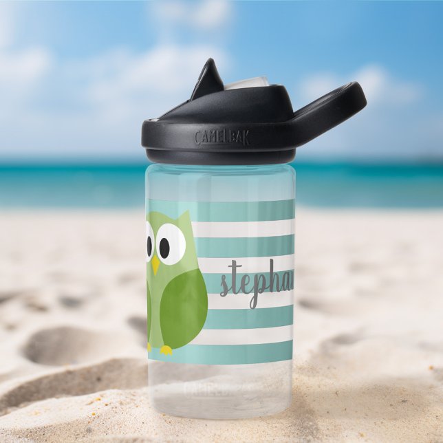 Niedliche Eule mit Streifen - Skriptname - blau, g Trinkflasche (Cute owl cartoon water bottle - personalize with a name or other text)