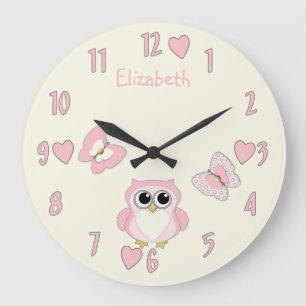 Niedliche Eule, rosa und creme mit dem Namen Große Wanduhr