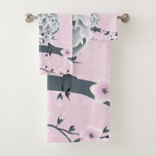 Niedliche Eule und Kirschblossom Rosa Grau Badhandtuch Set