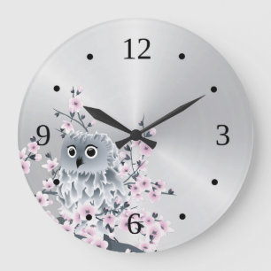 Niedliche Eule und Kirschblüten Silber Große Wanduhr