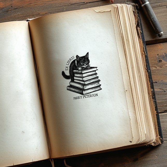 Niedliche Ex Libris Cat, Vintages Bibliotheksbuch Gummistempel (Von Creator hochgeladen)