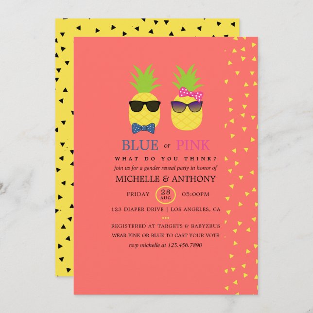 Niedliche exotische Ananas Konfetti Gender Reveal Einladung (Vorne/Hinten)