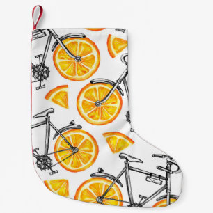 Niedliche Fahrräder mit orangefarbenen Rädern. Was Kleiner Weihnachtsstrumpf