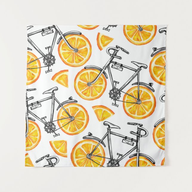 Niedliche Fahrräder mit orangefarbenen Rädern. Was Wandteppich (Vorderseite)