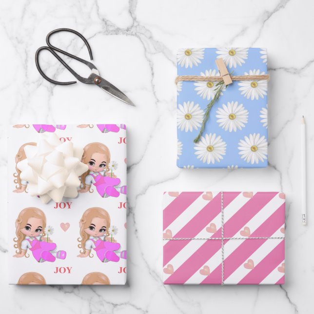 Niedliche Fairy, rosa Herz und Daisy Blume Geschenkpapier Set (Vorderseite)