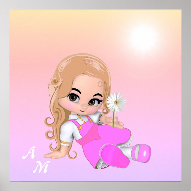 Niedliche Fairy und Monogramm in rosa Farbtönen Poster (Vorne)