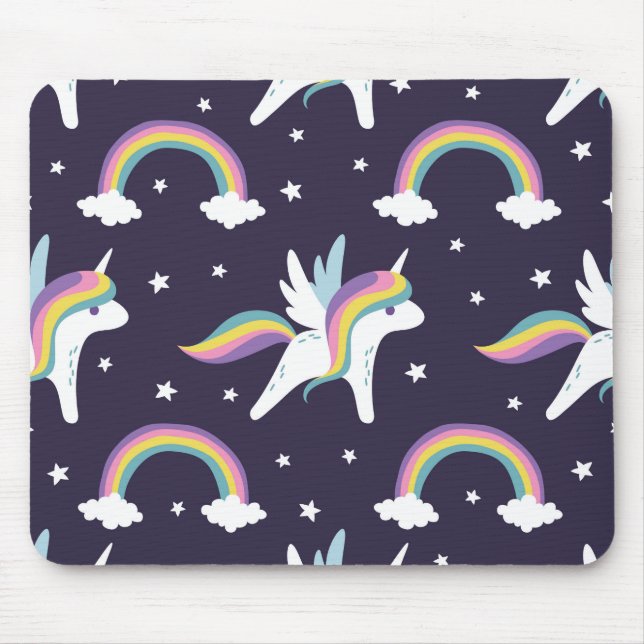 Niedliche Fairy Unicorn + Regenbogen, blauer Hinte Mousepad (Vorne)