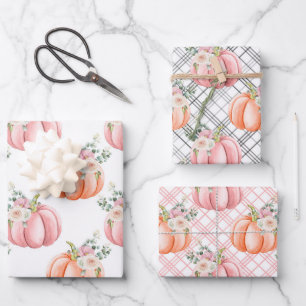 Niedliche Fall Soft Pink und Orange Floral Pumpkin Geschenkpapier Set