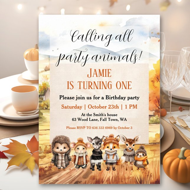 Niedliche Fall Waldtiere 1. Geburtstag Einladung (Cute Fall Woodland Animals 1st Birthday Invitation)