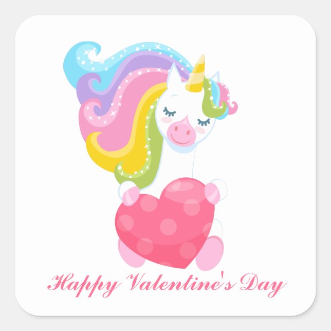 Niedliche Fantasie einhorn Happy Valentine's Day Quadratischer Aufkleber (Vorderseite)