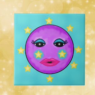 Niedliche Fantasie Lila Moon Face Stars Fliese