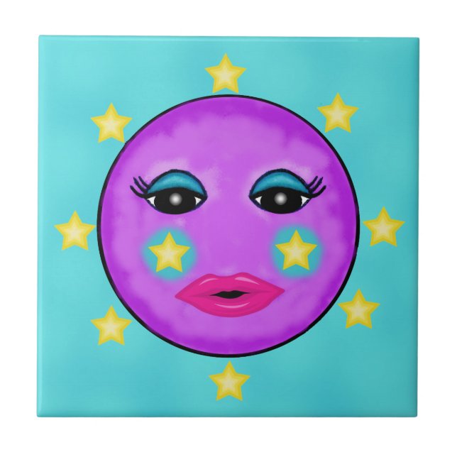 Niedliche Fantasie Lila Moon Face Stars Fliese (Vorderseite)