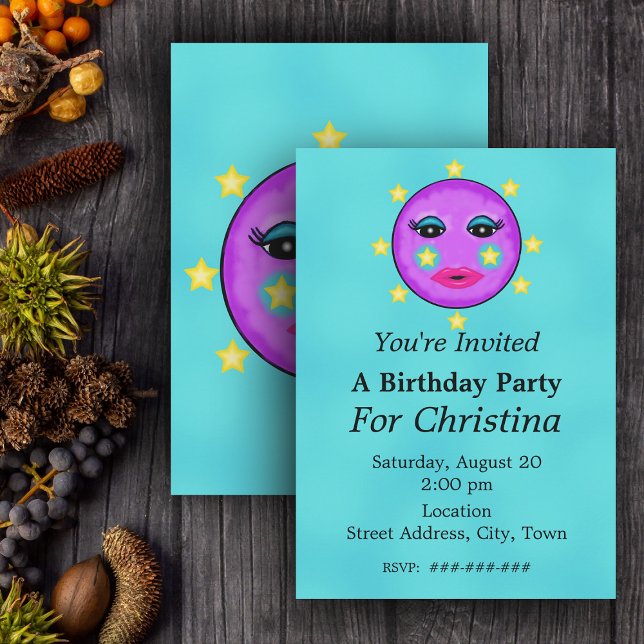 Niedliche Fantasie Lila Moon Face Stars Geburtstag Einladung (Cute Purple moon with face circled with stars on Aqua blue Birthday party invitations.)