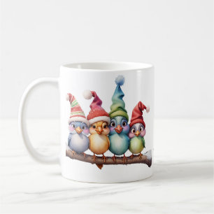 Niedliche Fantasievögel mit Weihnachtshüten. Kaffeetasse