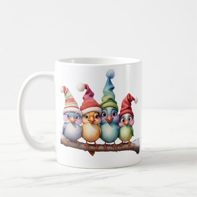 Niedliche Fantasievögel mit Weihnachtshüten. Kaffeetasse (Links)