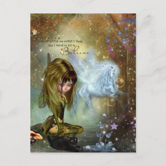 Niedliche Fantasy Fairy & Pegasus Glaube Zitat Postkarte (Vorderseite)