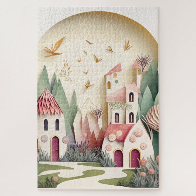 Niedliche Fantasy Fairy Town Hintergrund Puzzle (Vertikal)