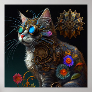 Niedliche Fantasy-Steampunkatze und Blume KI-Kunst Poster