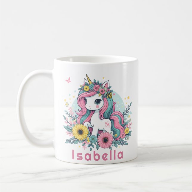 Niedliche Fantasy Unicorn Girl's Enchanted World Kaffeetasse (Links)