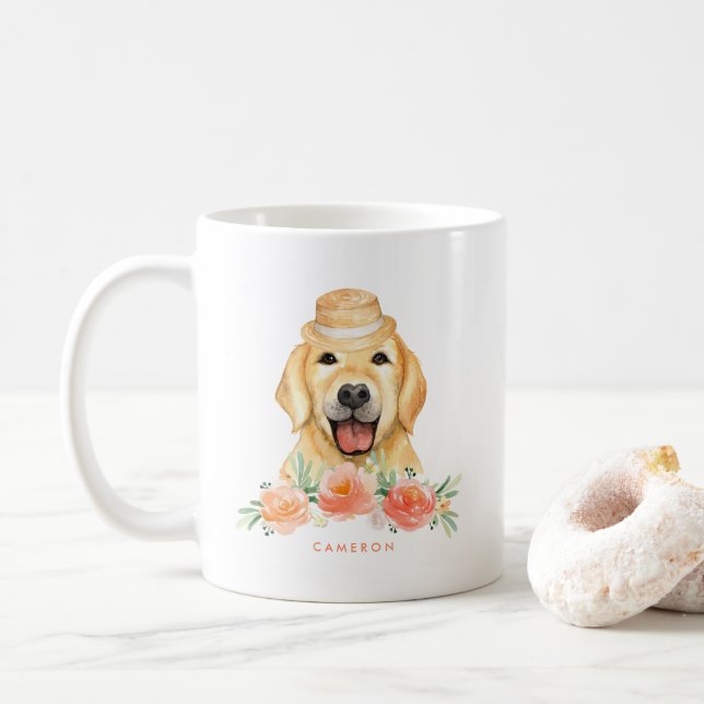 Niedliche Farbe Golden Retriever Peach Floral Kaffeetasse (Mit Donut)