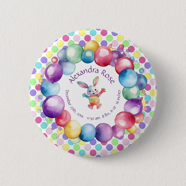 Niedliche Farben Wasserfarbe Bunny und Polka Punkt Button (Vorderseite)
