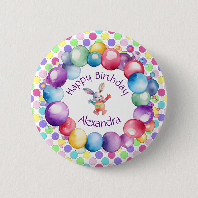 Niedliche Farben Wasserfarbe Bunny und Polka Punkt Button (Vorderseite)