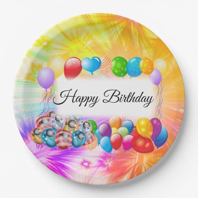 Niedliche, farbenfrohe Balloons, Feuerwerk, Geburt Pappteller (Vorderseite)