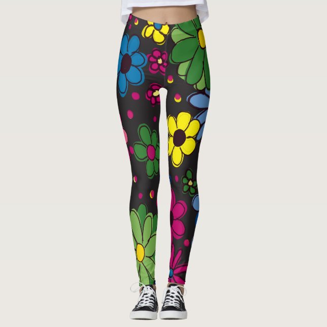 Niedliche farbenfrohe Blume auf schwarz Leggings (Vorderseite)