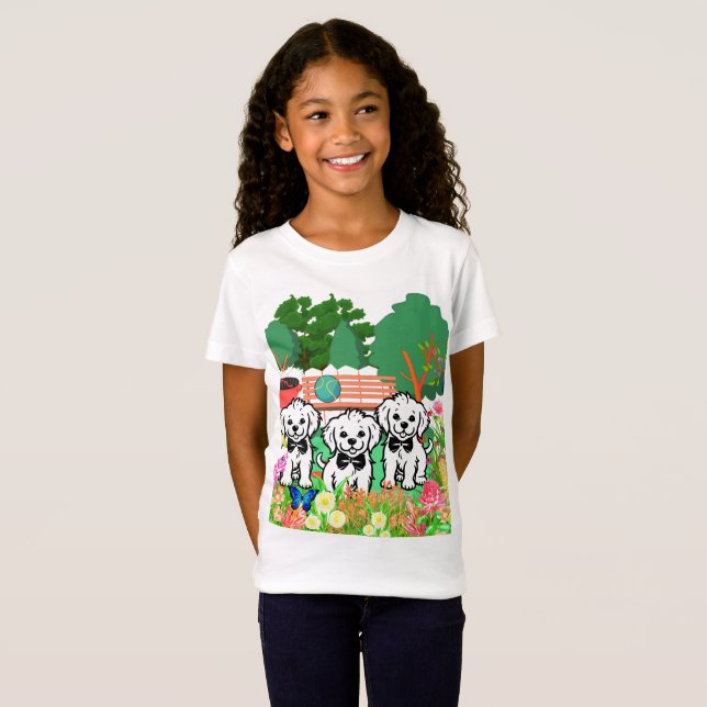 Niedliche farbenfrohe Blumenmädchen zurück zum Hun T-Shirt (Vorne ganz)