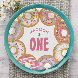 Niedliche, farbenfrohe Donuts Einmal Geburtstag Pappteller