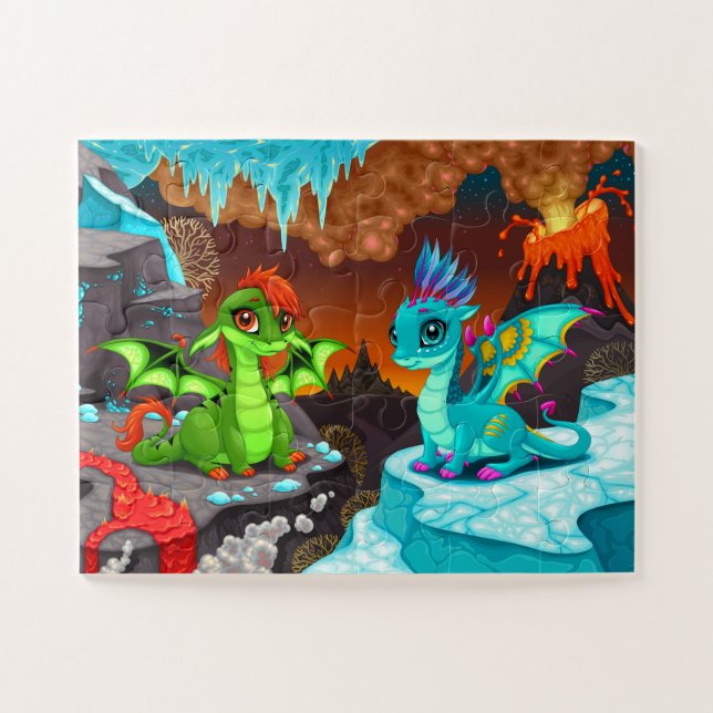 Niedliche farbenfrohe Drachen Vulkantal Puzzle (Horizontal)